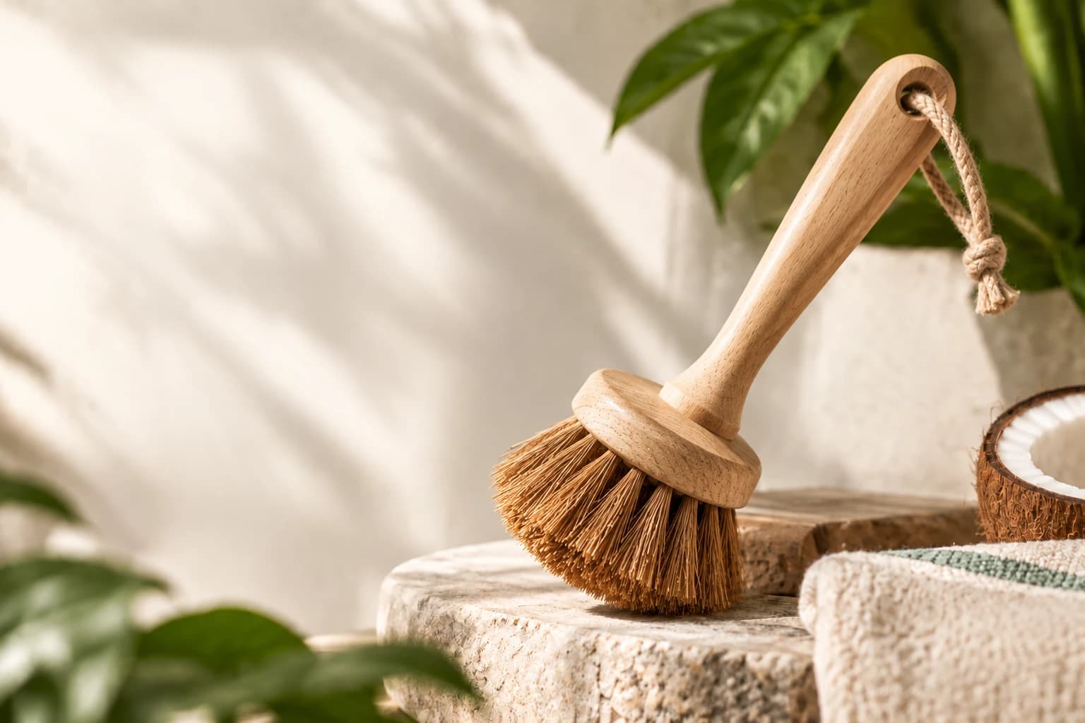 Natural fiber cleaning brush with ergonomic wooden handle