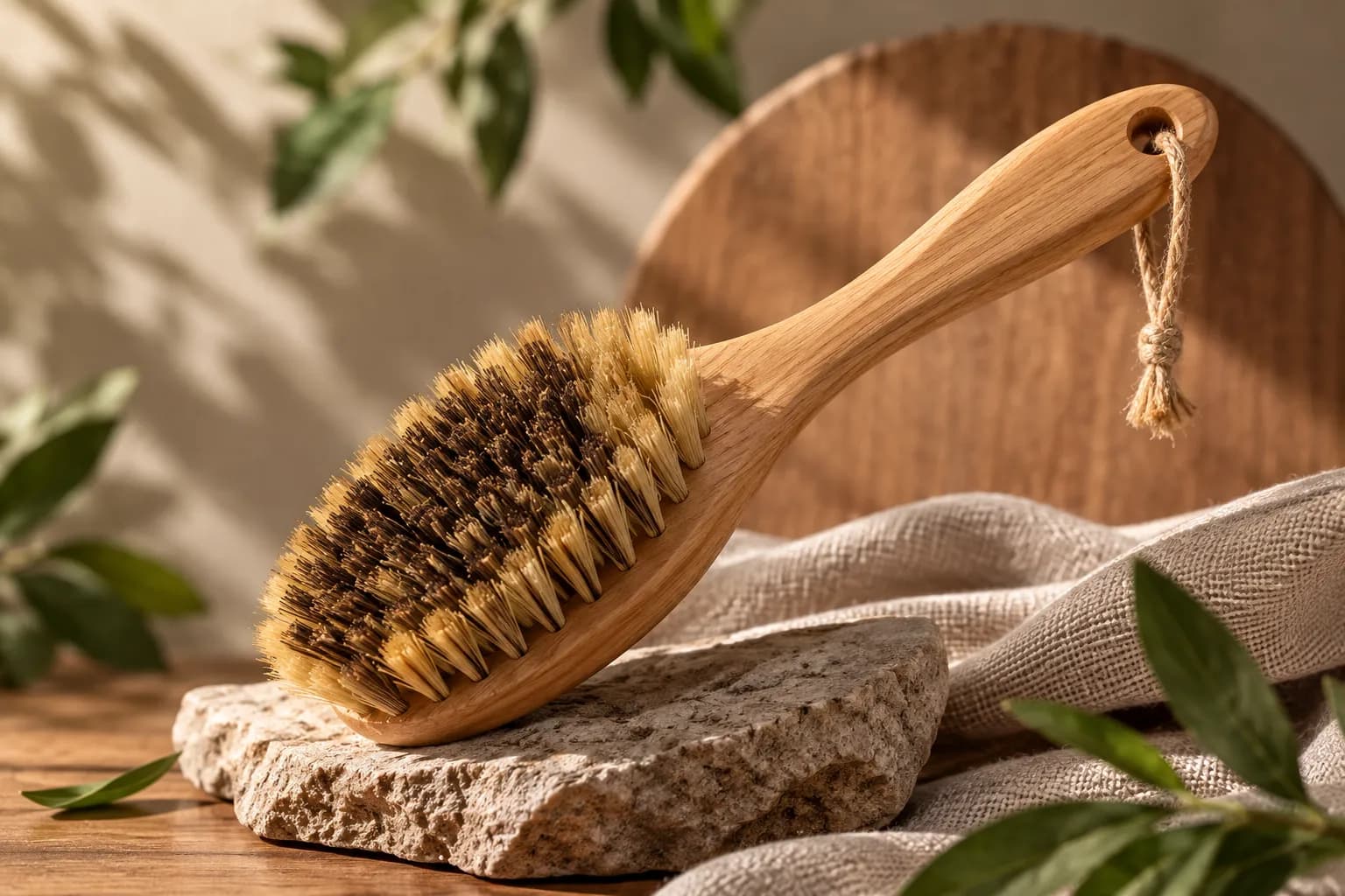 Two upright natural fiber coir brushes manufactured by Akarsha